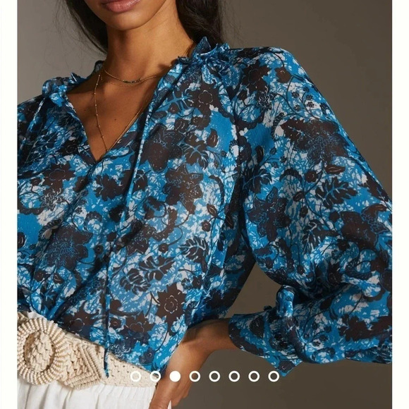 By Anthropologie blue Sheer floral Printed Peasant Blouse size small - Picture 1 of 10